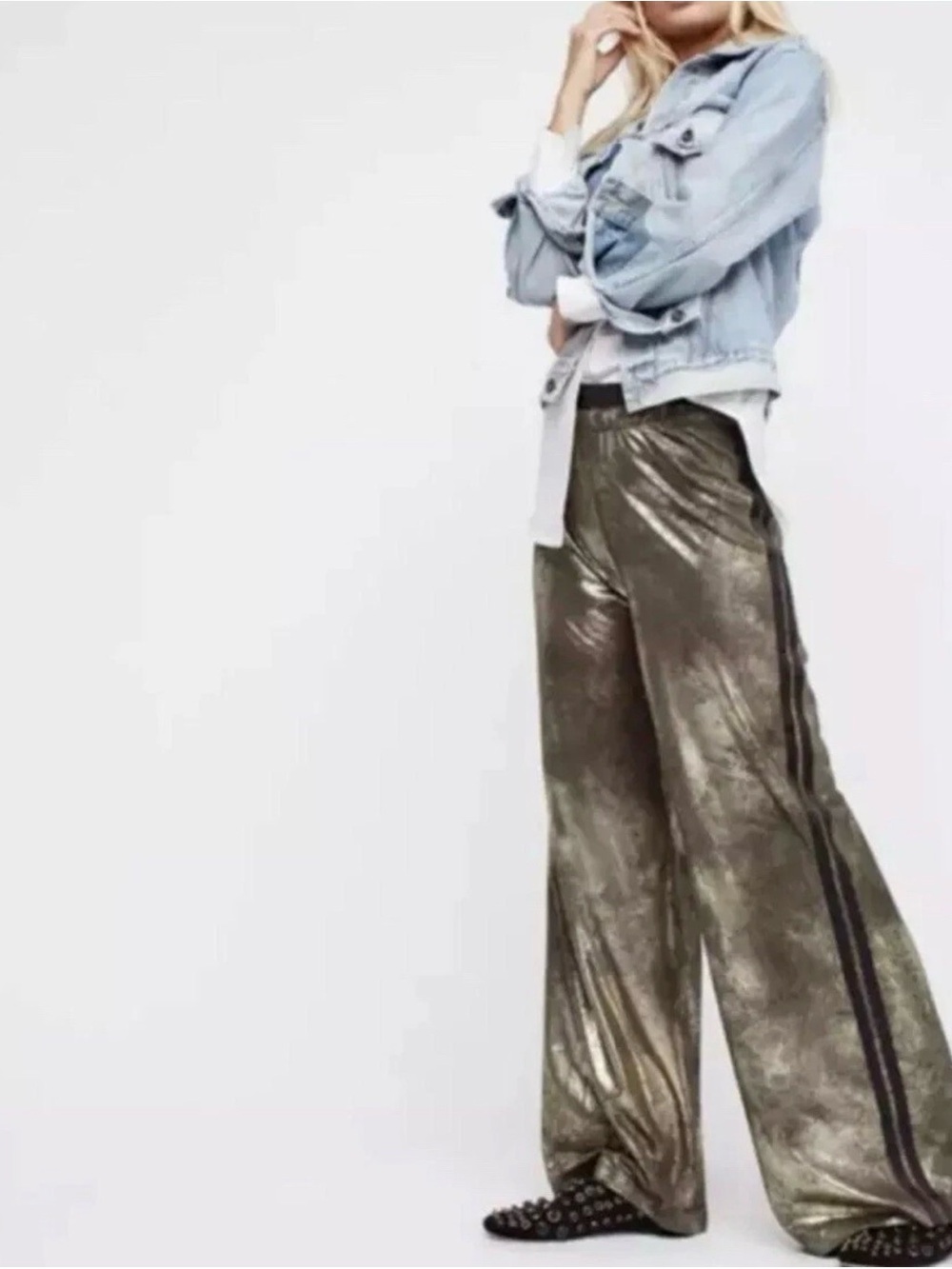 Free People Metallic Olive Wide Leg Pants with Black Side Stripe